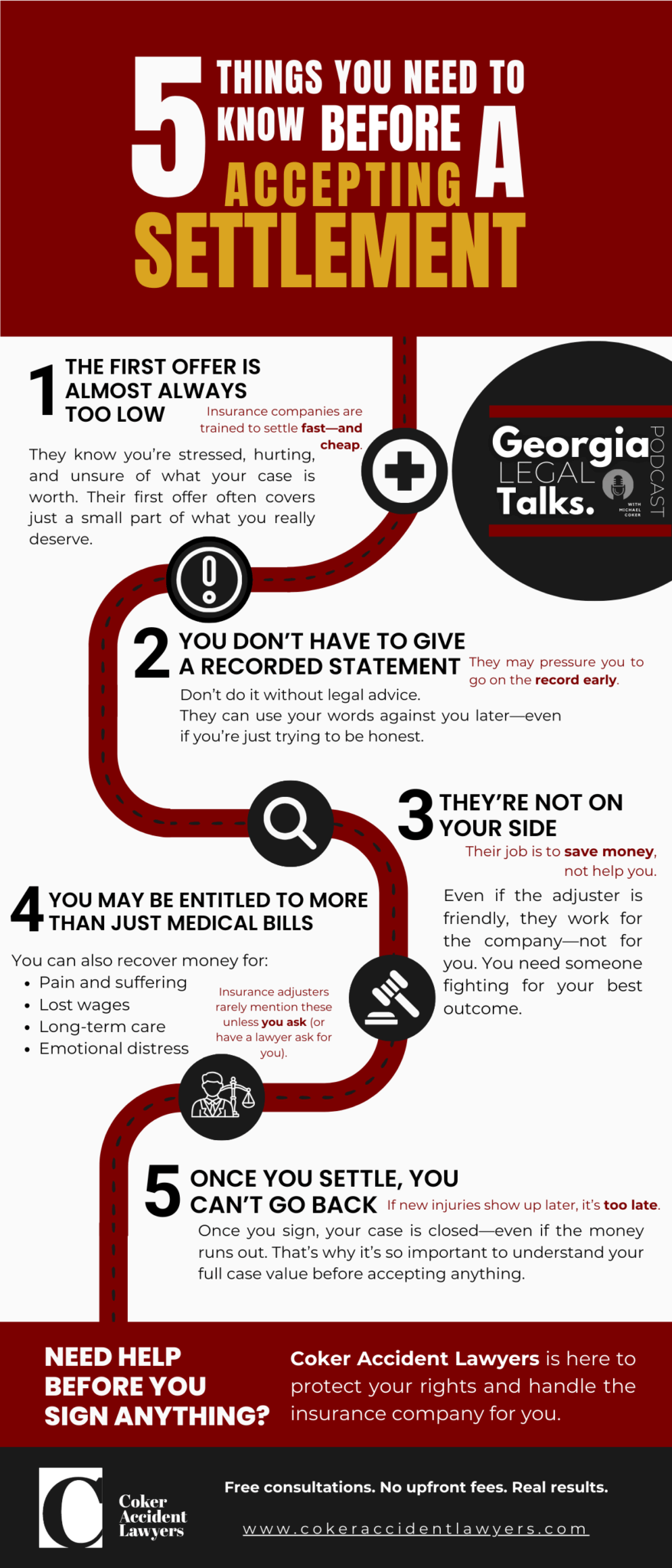 Infographic from Coker Accident Lawyers showing 5 things to know before accepting a settlement in Georgia, including why first offers are low, recorded statement risks, and finality of agreements